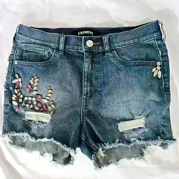 Express High Rise Shortie Jeweled Shorts with Frayed Bottom, Size 2 - Picture 8 of 9